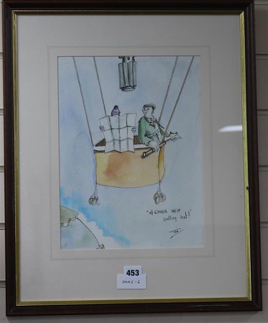 Tim Bulmer, ink and watercolour, ballooning cartoon Of Course We Are Sodding Lost, signed, 34 x 25cm